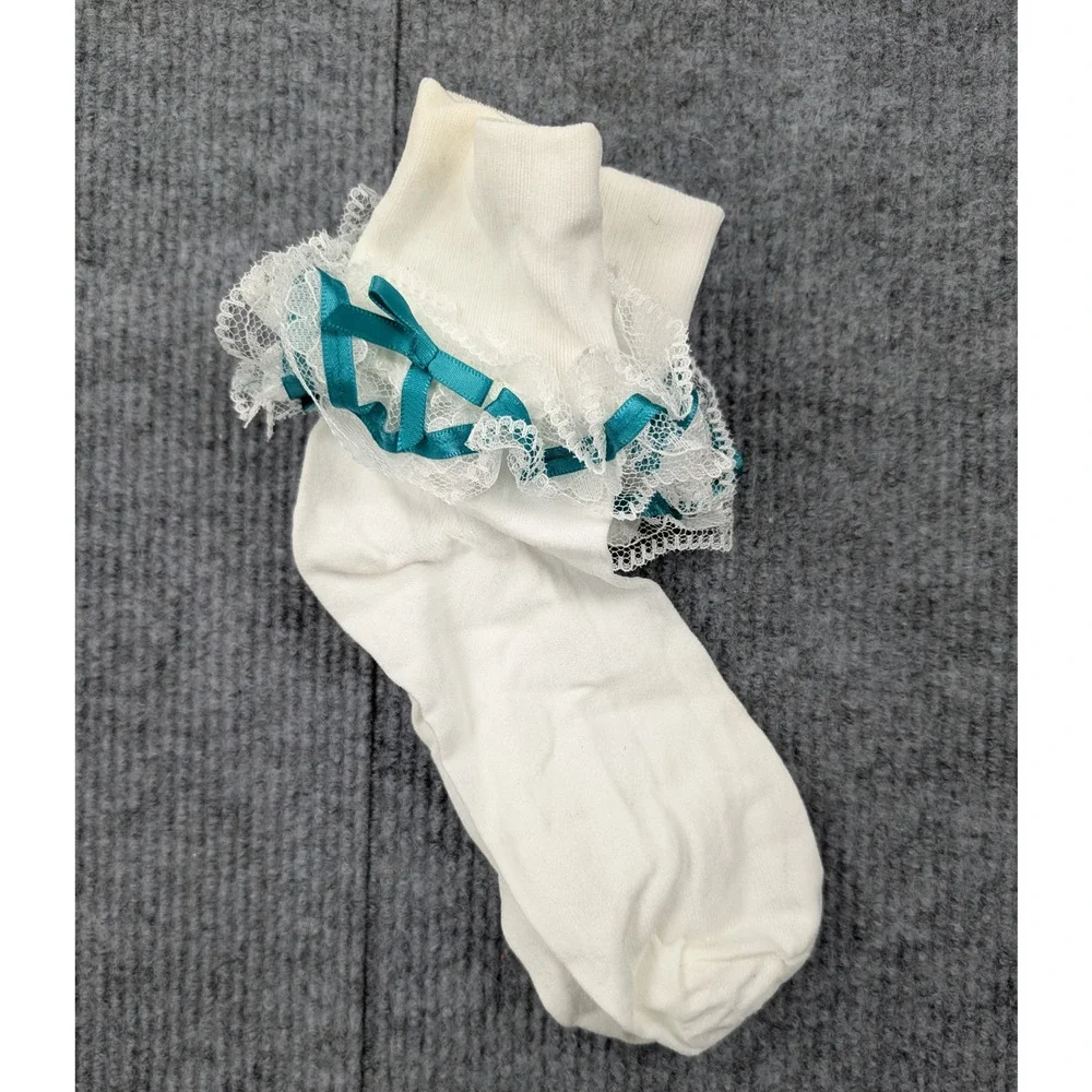 Vintage Lace Ruffle Socks Womens 9-11 Nylon Coquette White Teal Ribbon Girly Y2K